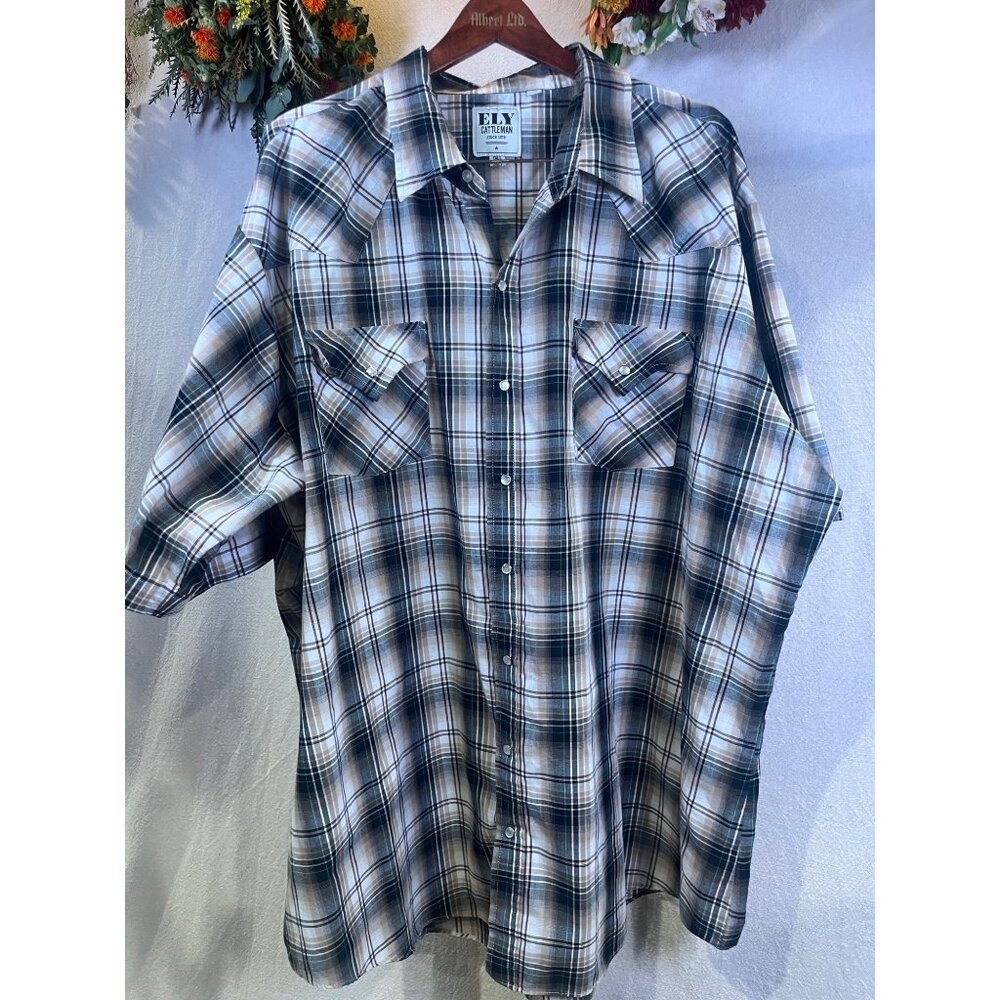 Ely Cattleman 3XLT Tall Western Pearl Snap Plaid Short Sleeve Shirt Cowboy